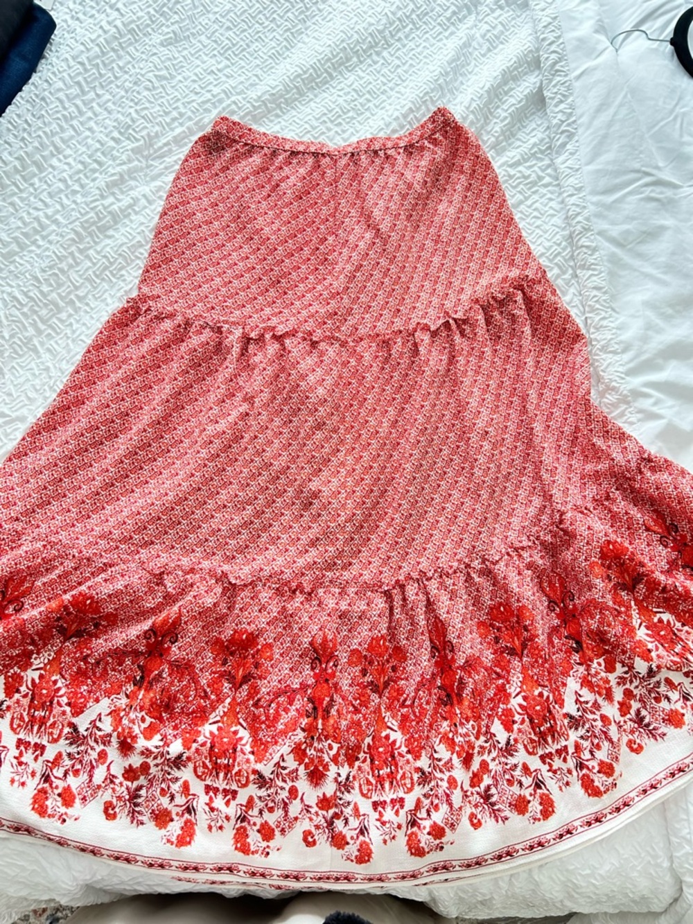 Max Edition Red Floral Tiered Maxi Skirt with Border Print